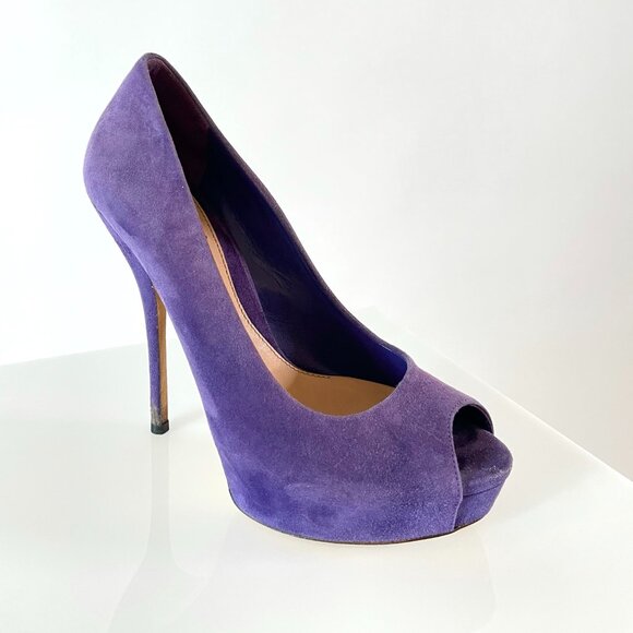 Gucci 'Sophia' Royal Purple Suede Stiletto Peep Toe Heels - Picture 1 of 9
